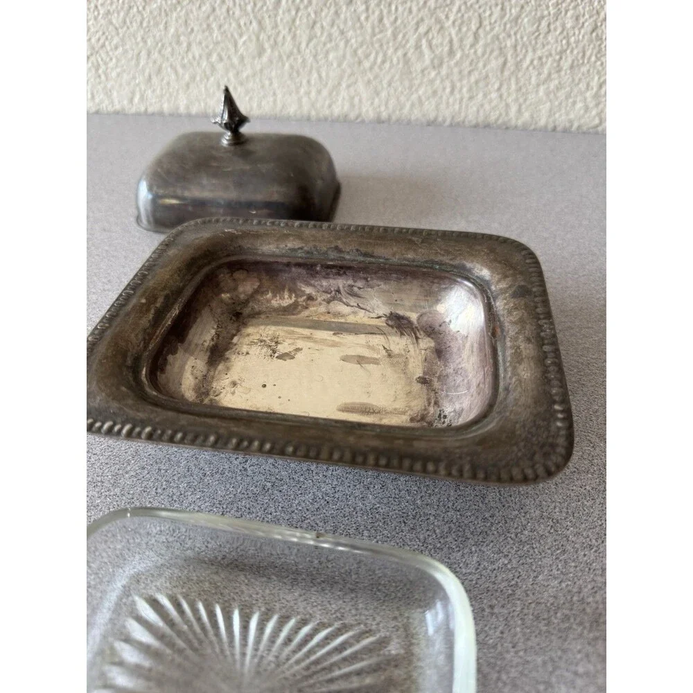Vintage Silverplate Footed Butter Dish w/ Glass Insert Covered Butter Server 6”